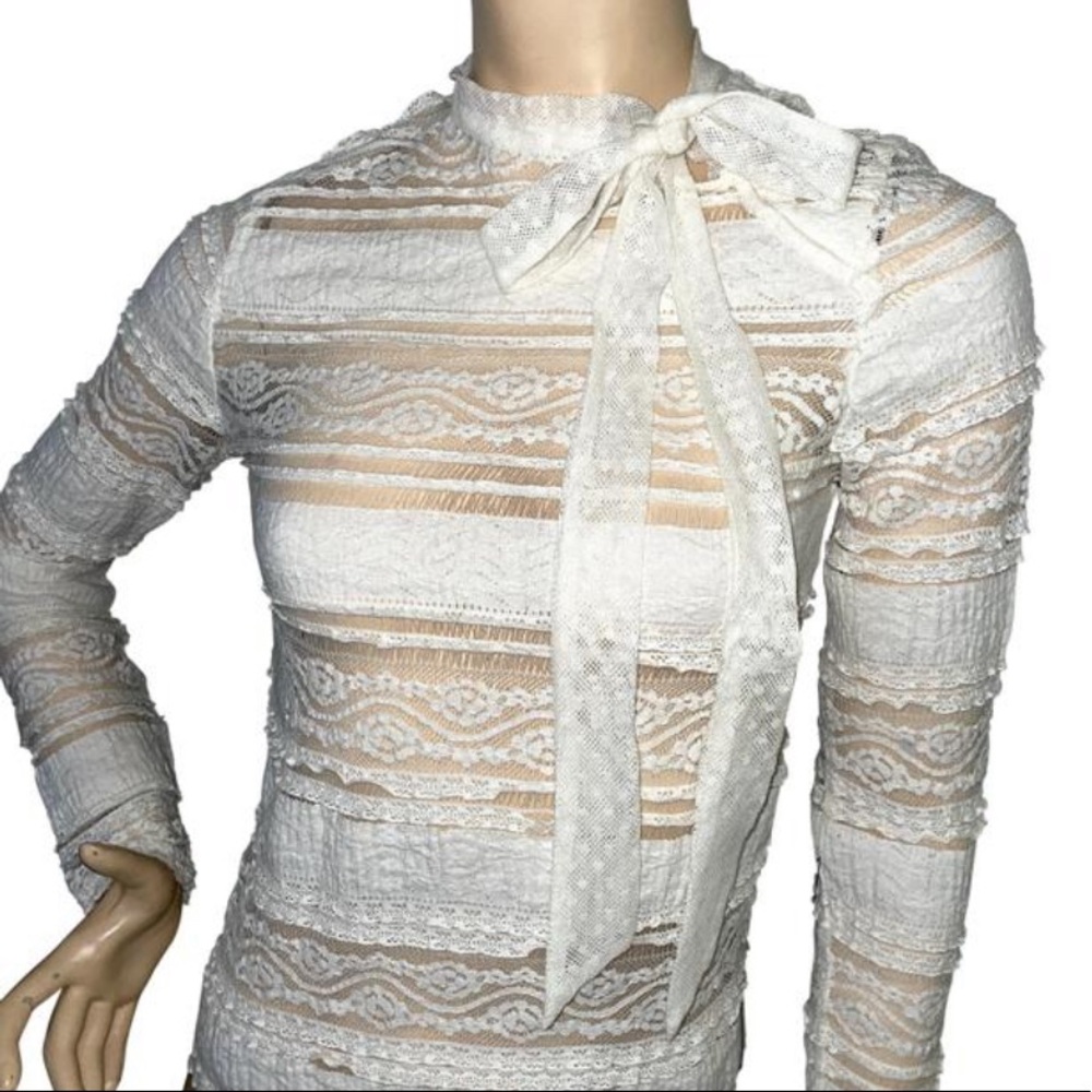 Zara Lace Neck Tie Bow Long Sleeve Ecru Top